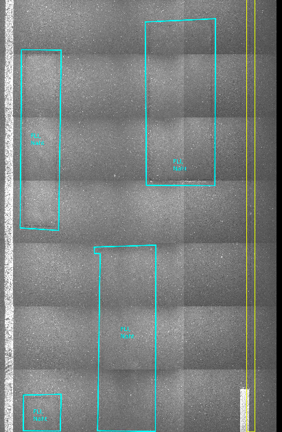 Annotated road surface image showing seams and cracks — part of the specification dataset used for model validation.